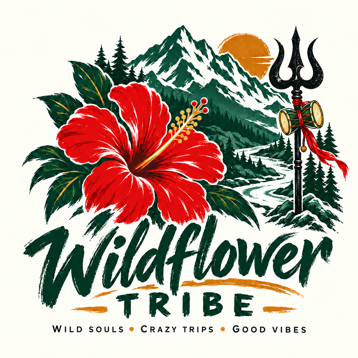 Wildflower Tribe red hibiscus, mountains, black trishul and damru logo